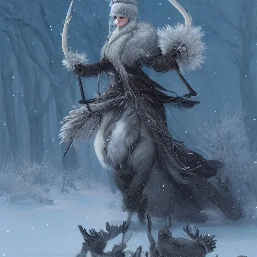 A queen warrior winter woman with winter animals, winter deers, winter bears, winter birds in the cold fantasy world , 8k resolution, ice winter fantasy concept art, by Greg Rutkowski, dynamic lighting, hyperdetailed, intricately detailed, deep, flying winter birds