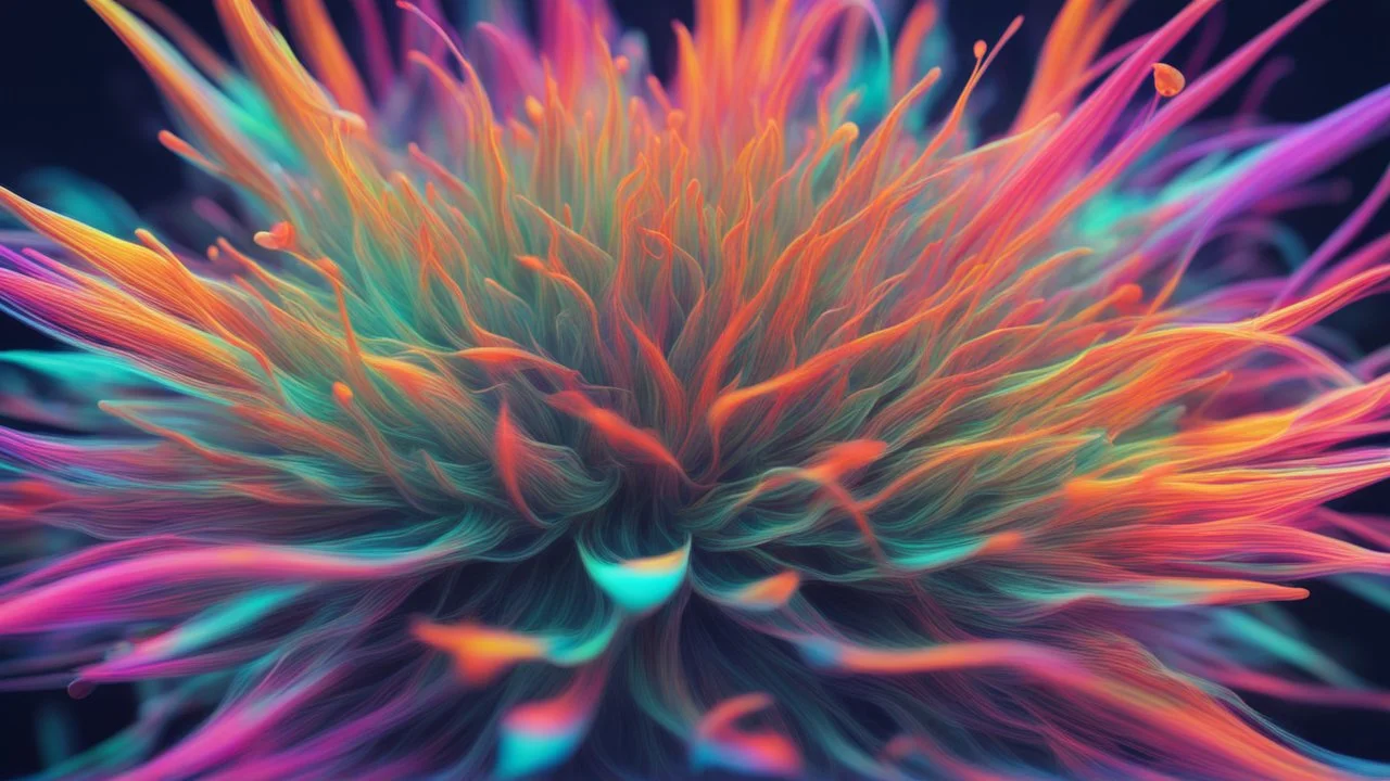 plant zoom view in quantum physics style, on a chemistry or physics level, psychedelic colors