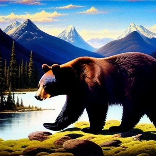 Drawing of 'American Black Bear',River,snow,Meadow,mountains,painting by Earl Norem, simon Bisley,frazetta,西嘛哒, evan lee, Vallejo,kelly oil on canvas, cinematic composition, extreme detail,fit full head inside picture,8k