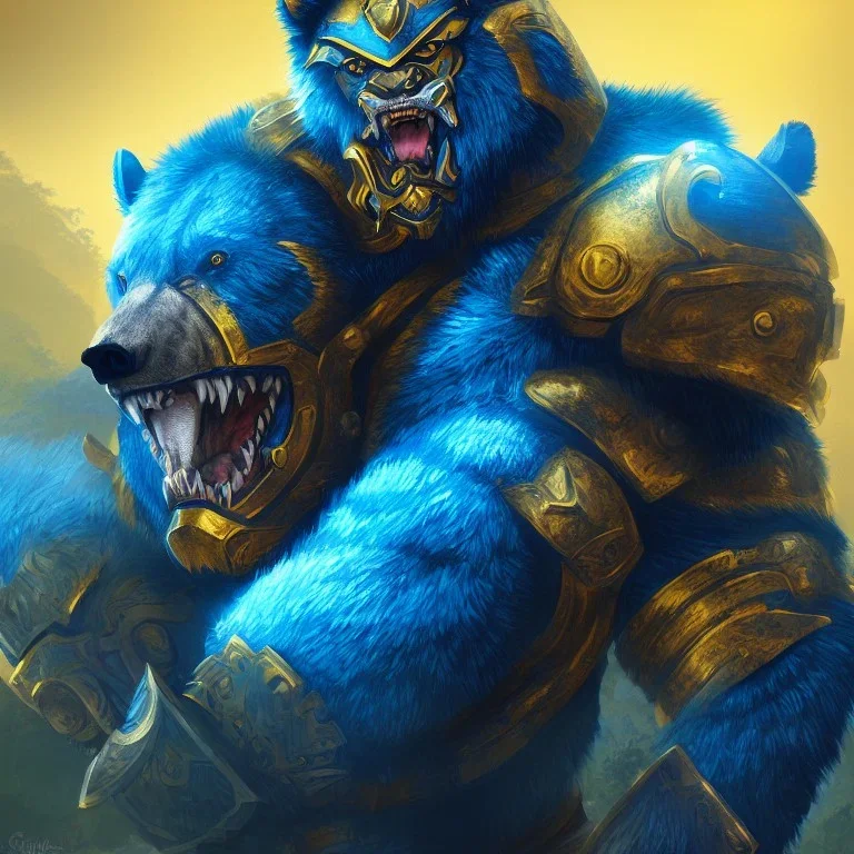 An angry bear warrior in blue and gold armor, background of Inka jungle, high detail, smooth, realistic, digital illustration, Artstation, artgerm,