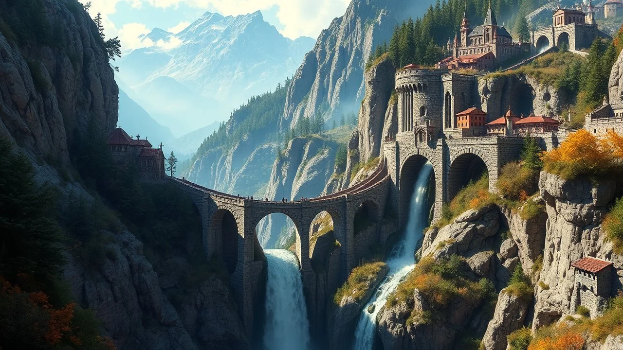 In a fantasy world, a stone bridge helix descends down a waterfall, following a helix down and around the waterfall. This bridge is the only way to get from the bottom to the top of this cliff. The surrounding landscape is mountainous and forested. A small trading city is at the top of this bridge. The scenery is awe-inspiring. Colour photograph