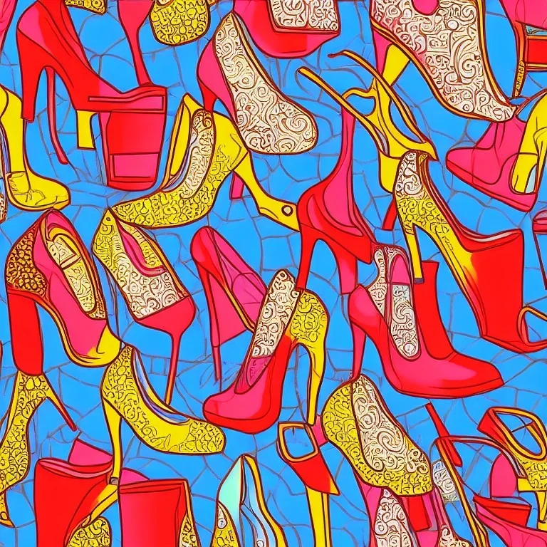 a highly detailed, intricate painting of high heeled shoes, symmetrical, clearn, seamless pattern tile, pop art