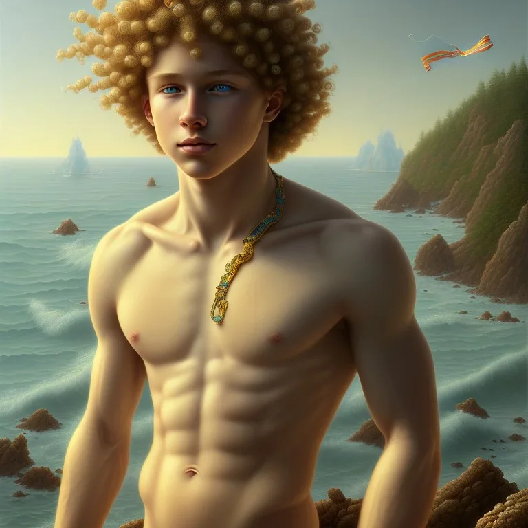 intricate, sharp focus, highly detailed, digital painting, Paul Lewin and Kehinde Wiley, full body image of a beautiful 12 year old boy with long, blonde curly hair and light blue eyes, smiling, shirtless, in front of an distant beach