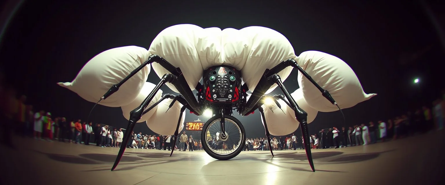 pinhole cam, weird geometry sacred, airbrush 3d rendering, spider ballooner, huge mech 🦗🥊 A bizarre upright flying hydraulic bicycle-creature, front wheel replaced by articulated mantis-like arms carrying enormous inflatable pillows, looking far too serious about complying with official pillow-fighting regulations.