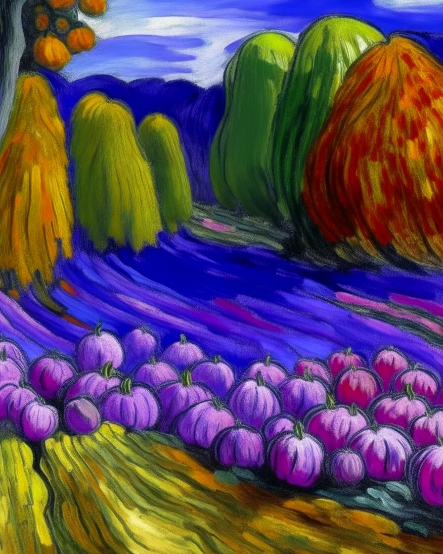 A purple swamp filled with pumpkins painted by Claude Monet