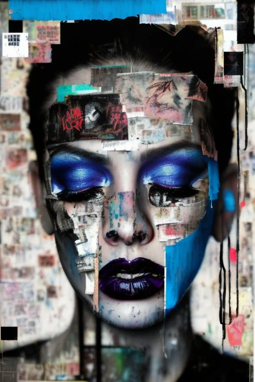 Ultra detailed medium portrait painting of a woman, abused, tears running down face, chaos and dark,torn up collage strips of photo clippings, graffiti spots in background,matrix effects, punk visual art, punk art aesthetic, graffiti art, pop surrealism, collage art, cluttered paint glitches