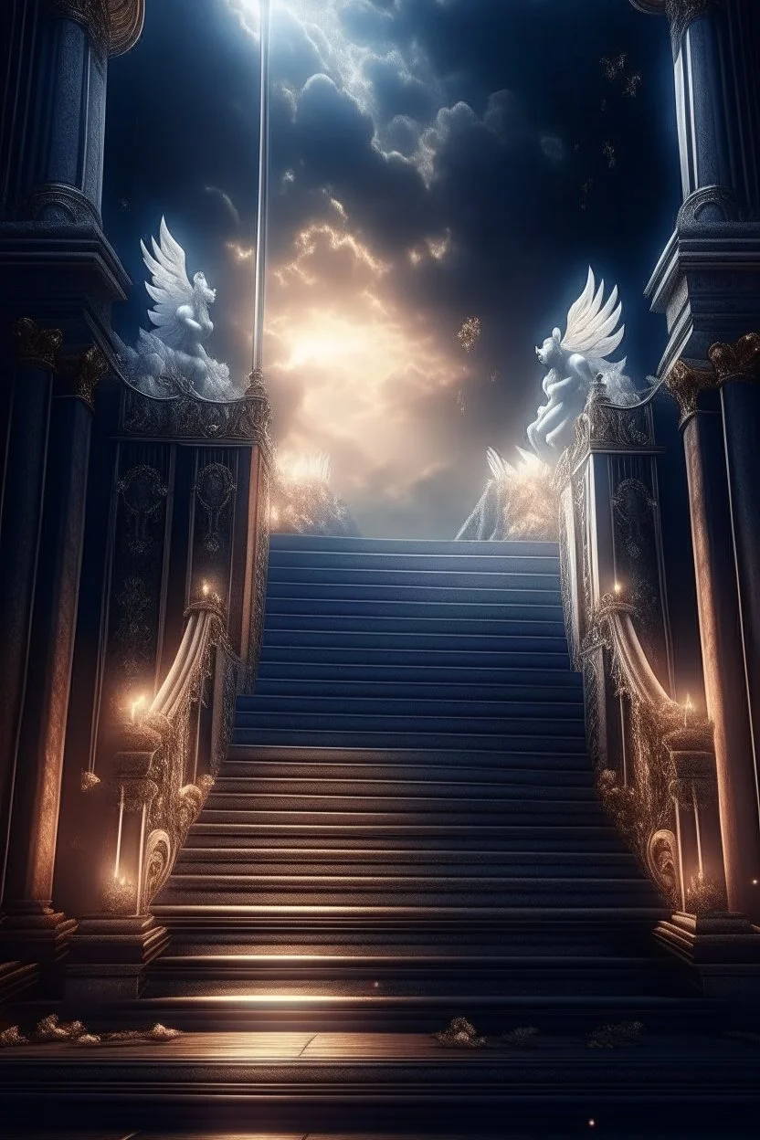 fluffy clouds, portrait of angels and demons, fireflies , staircase with closed gates of heaven, 4 k, down light, depth of field, trending art, high detail