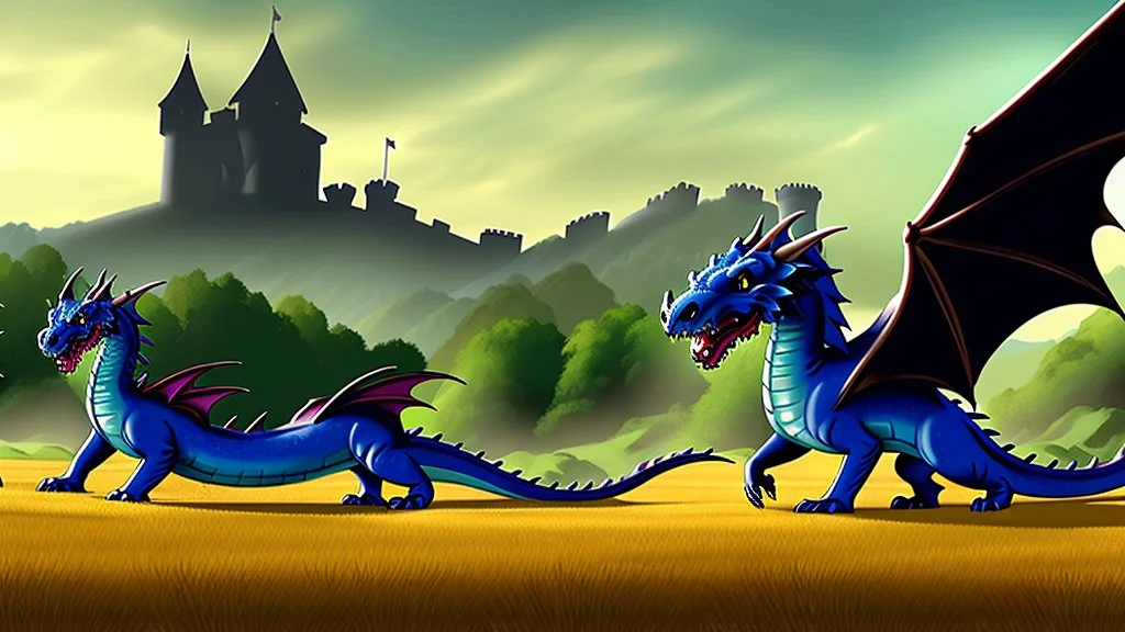 dragons in a field in front of the castle