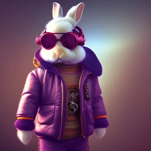 Rabbit toddler, smiling, steampunk headphone, sunglass, gangsta neckless, full body, magenta puffer jacket, manila city background, dramatic lighting, hyper realistic, unreal engine 5, 16k