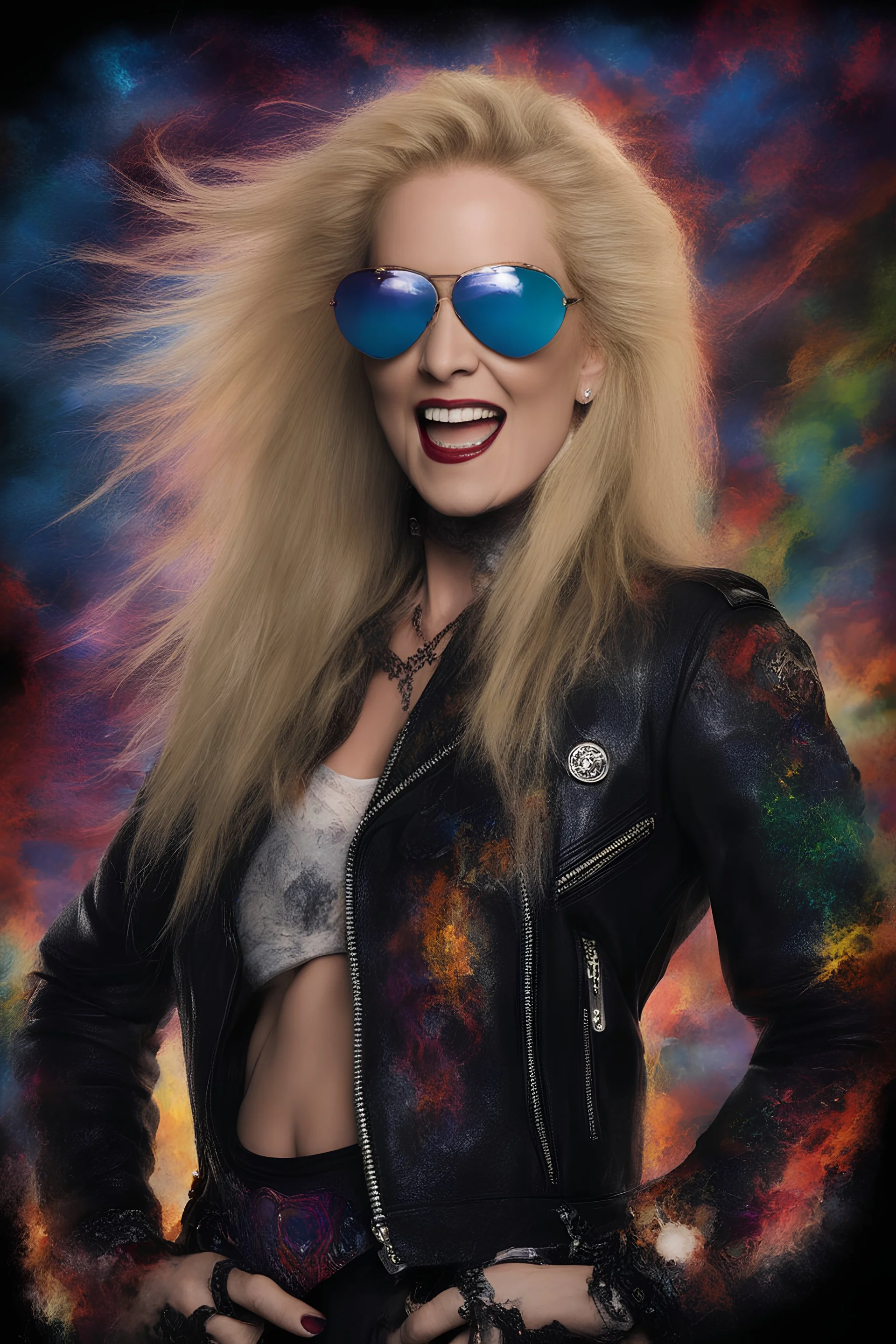 head and shoulders image, Lita Ford - Kiss Me Deadly - Reptilian-skinned - Ray-Ban sunglasses - Motley Crue - gothic pale-skinned vampire, fire and multicolored electrified cosmic clouds, Professional quality Photograph by Hoy Tung lu- Multicolored lightning -a smiling, long, blonde hair, blue eyes, goth makeup, black leather biker's jacket, black leather pants, combat boots, black fingerless gloves, sitting on in the forest next to a fire,