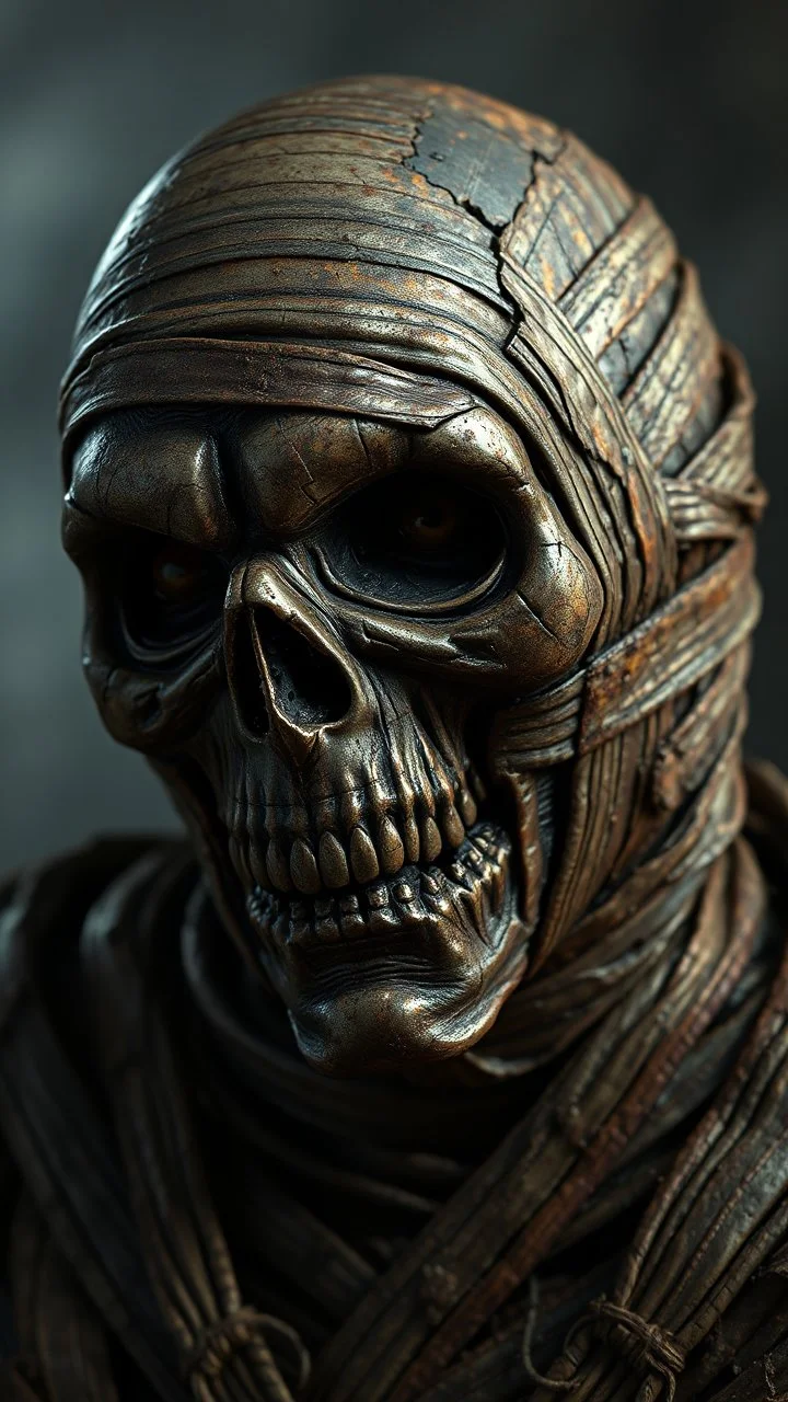 Busch painting style nightmare, a zoomed 3/2 view of the mummy by his face skin is a rusted broken metallic skin texture in a 3d rendering full-height image of a grim and dark scene. Ensure the final images exhibit the utmost quality, encompassing 4K, 8K, and 64K resolutions, with 3D rendering that manifests in photorealistic, hyperrealistic, and highly detailed representations. Employ techniques such as HDR, UHD,