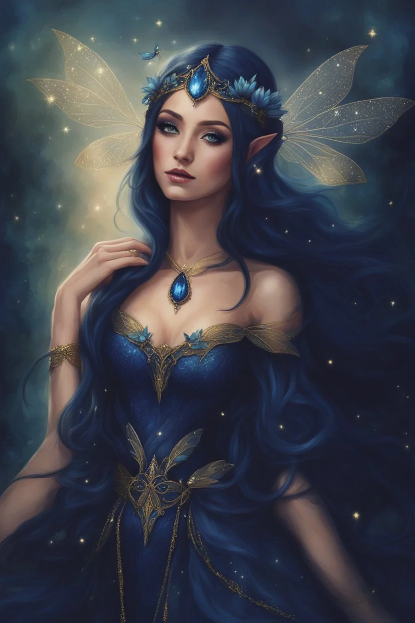 Midnight blue,Dark blue hair,night,dark fairy princess ,elven crown,elven ears,sparkle,glitter,gold armor,dragonflies,rapunzel hair,water lilies