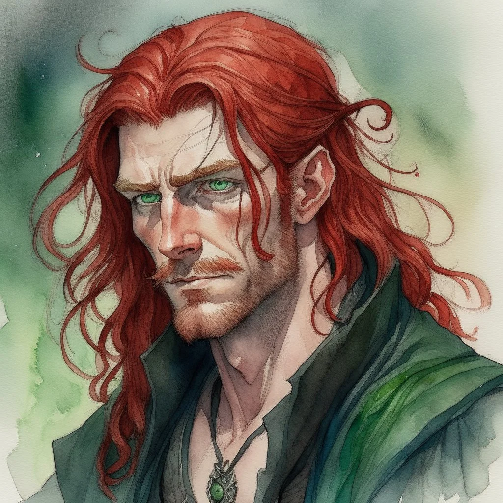 dnd, fantasy, watercolour, large strokes, stylistic, portrait, illustration, dull colours, male, face, narrow long face, weathered face, green eyes, determined, smiling, red hair, very long hair streaming down the shoulders, radiating light, five o'clock shadow