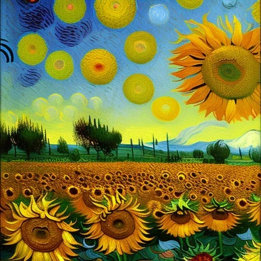 Dibujo al aceite de Campo de Girasoles con muchas nubes de colores estilo Vincent van Gogh