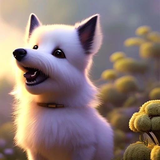 pixar style, volumetric summer garden environment and background, realistic painting of cute dog, looking excited, volumetric lighting, dramatic lighting, detailed digital painting, extreme dense and fine fur, anime, ornate, colour-washed colors, elegant, small minutiae, tiny features, particulars, centered, smooth, sharp focus, renderman gofur render, 8k, uhd, detailed eyes, realistic shaded volumetric lighting, sunlight caustics, backlight, centered camera view