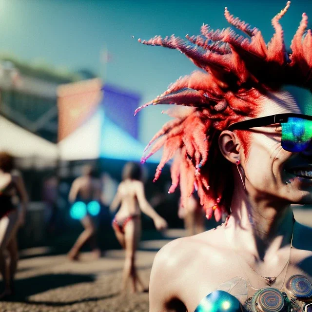 Ultra Realistic photo, medium shot view, drunken dancer bikini woman, carnival scene, monster hair, steampunk. Red hair, confeti, Sunglasses, smile, happy, festival, ovnis, gradient color fog. highly detailed, concept art, unreal engine 5, ray tracing, RTX, lumen lighting, ultra detail, volumetric lighting, 3d, finely drawn, high definition, high resolution.