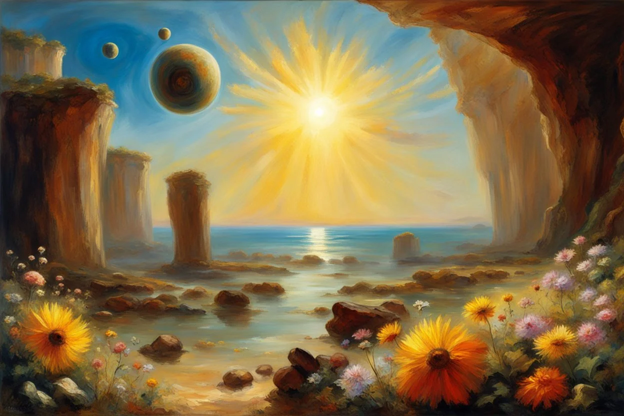 sunny day, planet in the sky, rocks, flowers, cliffs, sci-fi, friedrich eckenfelder and william turner impressionism paintings