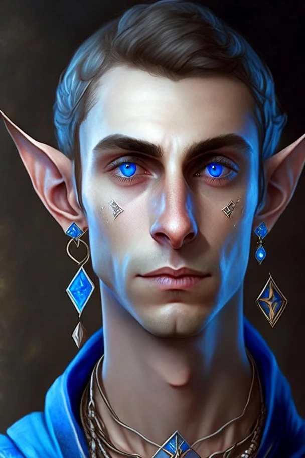 a wealthy half-elf young man with pointy ears and blue eyes, wears lots of jewelry