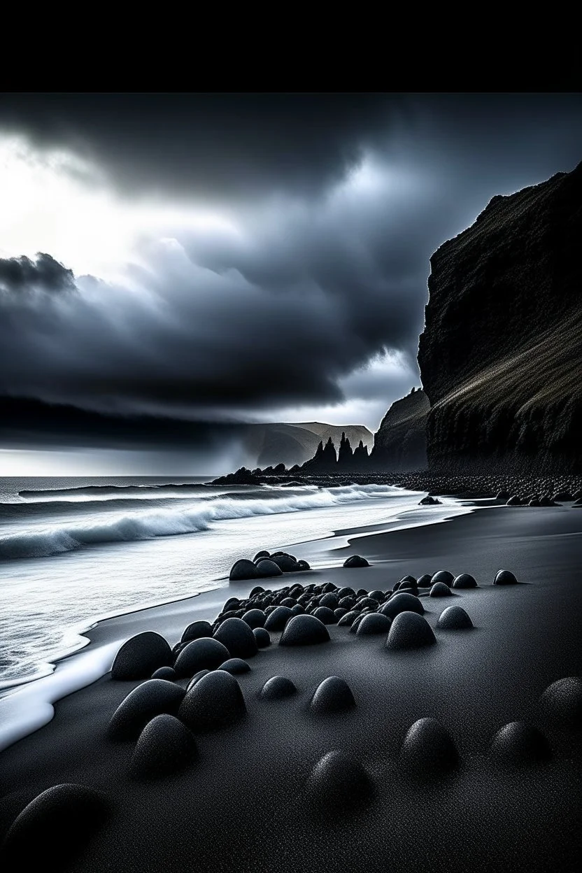 Reynisfjara Black Sand Beach, Iceland : A dramatic black sand beach with towering basalt columns, rendered in oil paint with thick impasto strokes to capture the rugged texture of the rocks. The sky is dark and stormy, with lightning illuminating the scene. Use a palette of cool tones to create a moody atmosphere, and incorporate a sense of awe and wonder through the dramatic contrast between the dark sky and the bright lightning. Rule of thirds, golden ratio, a giant spaceship hovering above