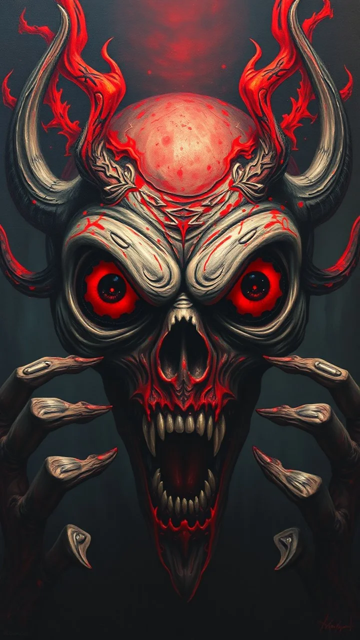 Bosch painting style, nightmare in hell all red and black big eyes in 3D.