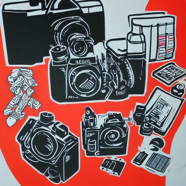 elements of photographic equipment. poster graphics. high detailed. acrylic painting and ink.