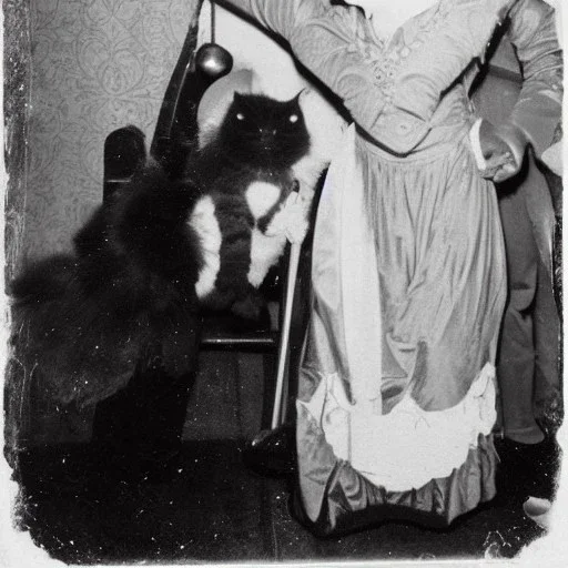 Creepy old photo of new years eve party with monster cat