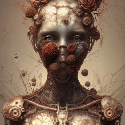 fractals in a human, an abstract painting of rusted metal and flowers, portrait, rust, scaffolding, iron cladding, decay, mixed media, textured, anatomically correct, beautiful perfect face, sharp focus, highly detailed