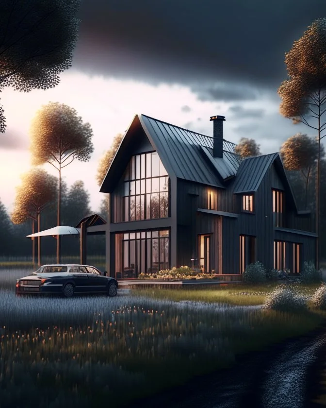 Modern country house minimalist style hyper-detailed digital art 8k