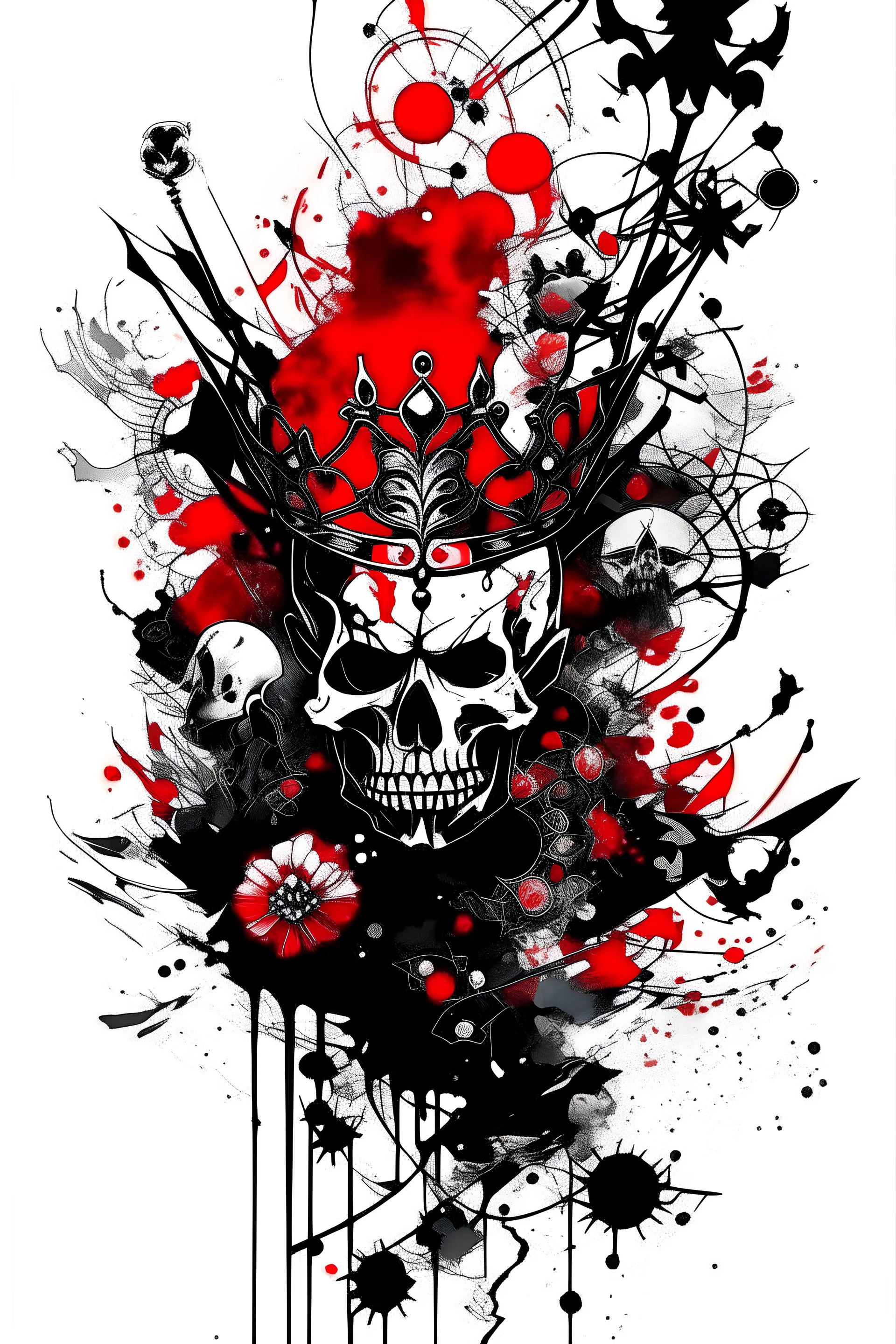 Create a captivating modern 2d black and Red ink tattoo design for print , prestigious Crazy Skull King using the elegant influences of japan art style, for print, dynamic elements from fashion and design, and bold Japanese contemporary art aesthetics, framing centered in the center, distanced from the edges of the paper perimeter, perfect anatomy, bauhaus, transparent background, paint splatter