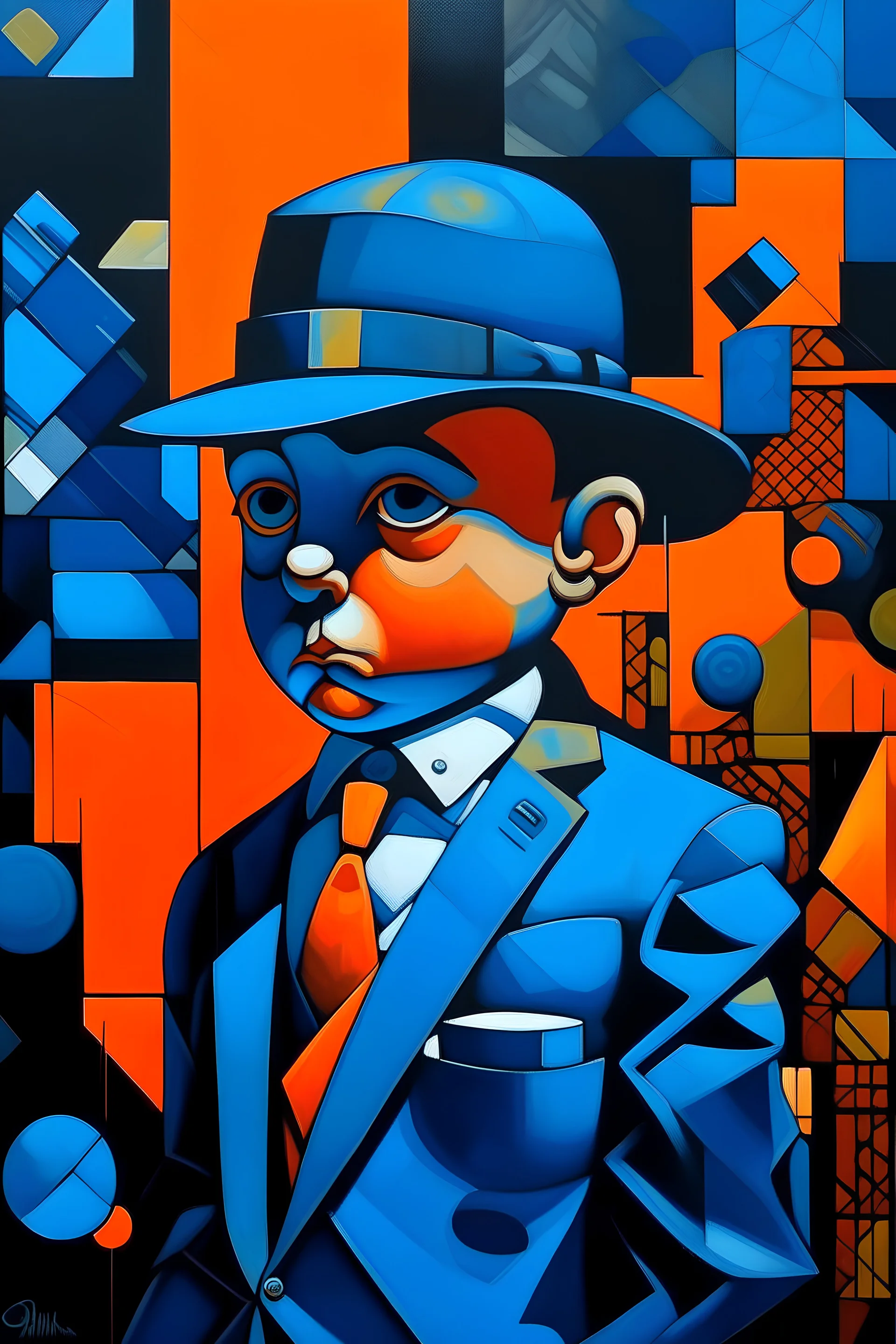 The child gangster who sold the world (surrealism, absurdism, cubism,)(black blue and orange colors)