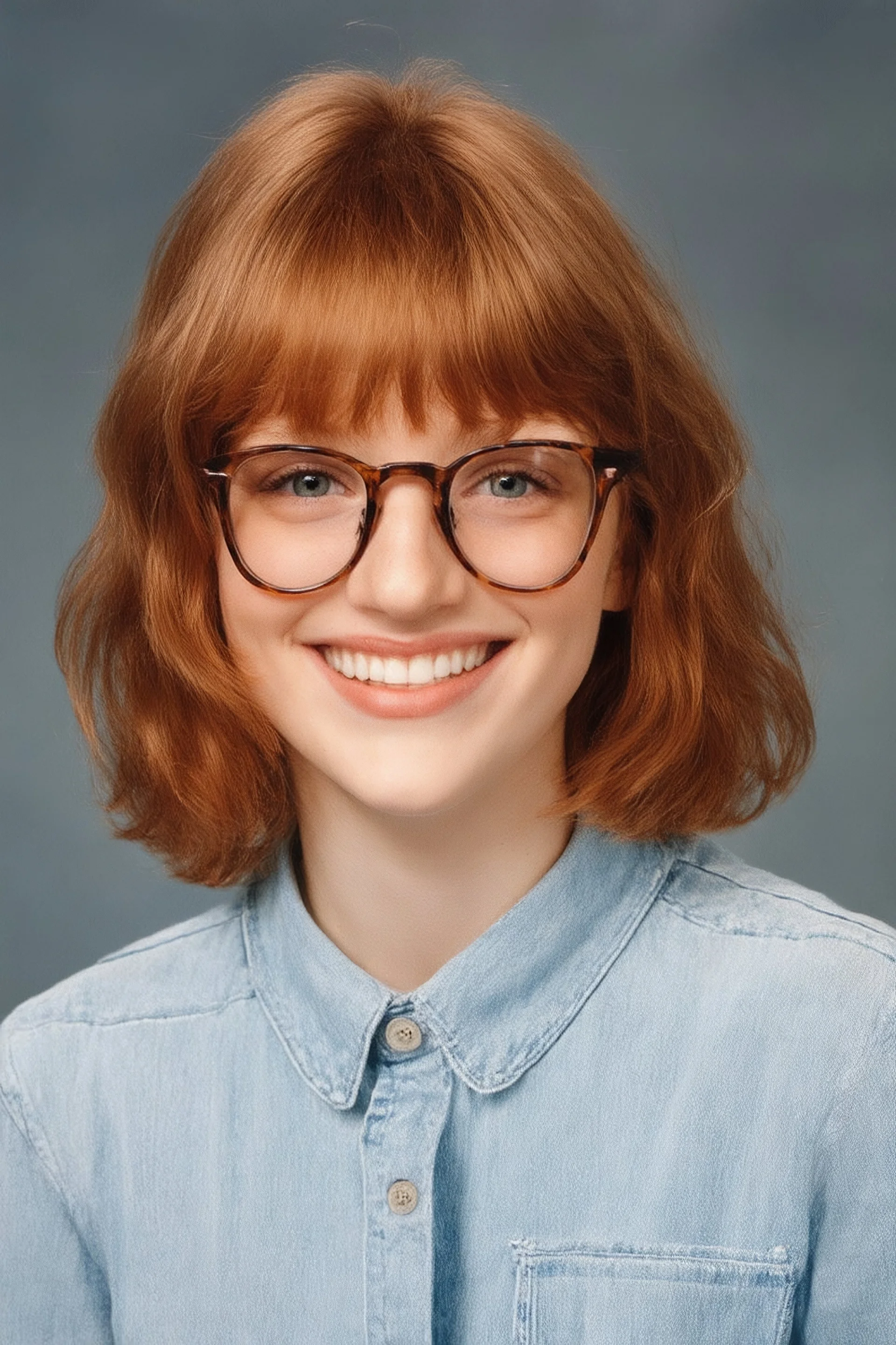 full color image, 1980's yearbook photo, girl, Molly Ringwald, 24 years old, a sly, clever smile on her face, 1980's clothing and hair styles, 4k UHD, photorealistic, (big, full, plump, pouty lips:1.5) big cat-eye eyeglasses, full body, head to toe, full frontal