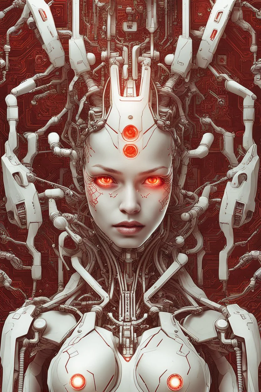 A cybernetic woman with intricate circuitry patterns etched into her skin, her glowing red eyes scanning the streets for any signs of danger.