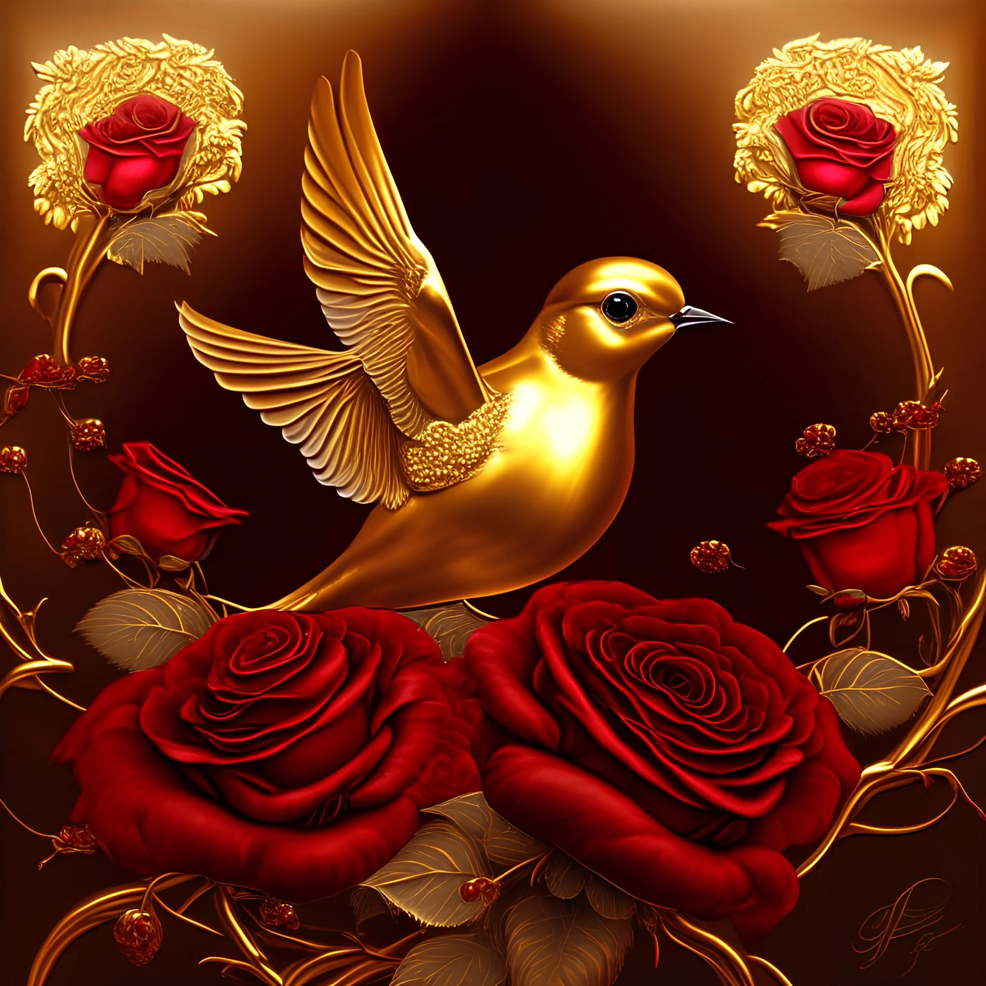 gold dove over red roses