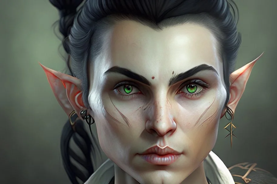 A Fantasy elf, a white male with black hair tied up in a bun, a scarred left eye.