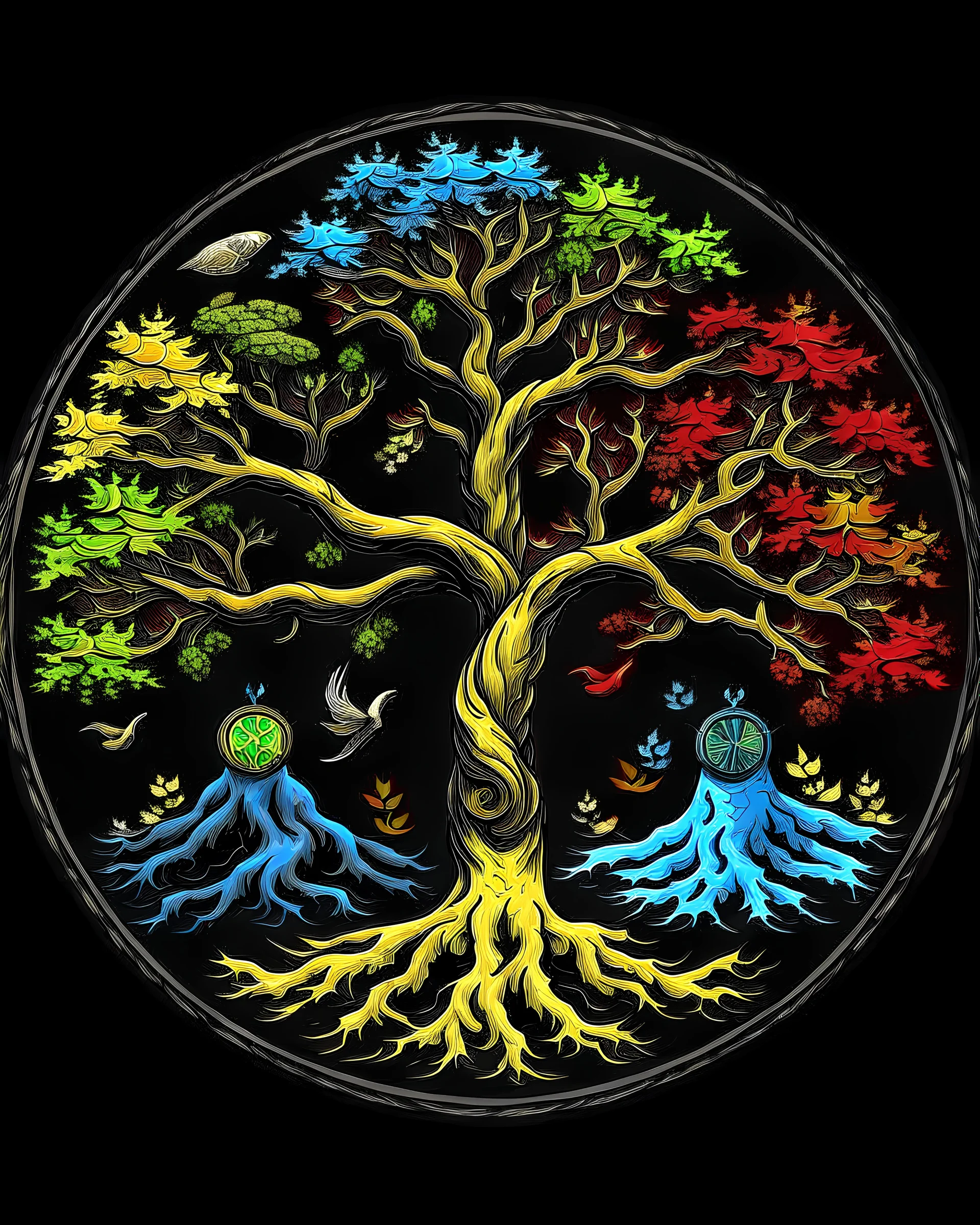 The tree of life consists of four seasons: spring, summer, autumn, winter, along with light and darkness, star, moon, sun, yang-ying, water, wind, soil, fire, love, blue, yellow, red and black.