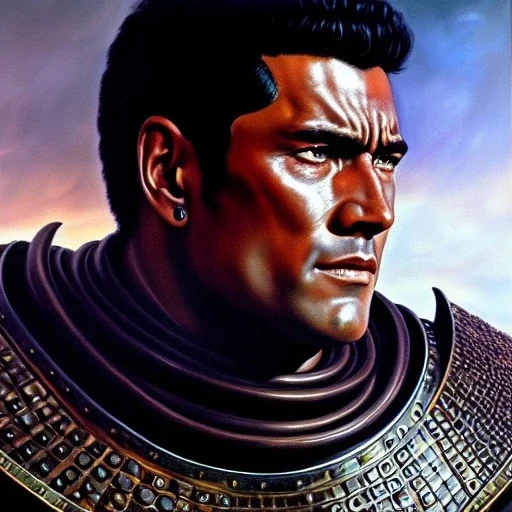 portrait of 'Guts-Berserk',ancient metal armor,painting by Earl Norem, simon Bisley, evan lee, 86-86, oil on canvas, cinematic composition, extreme detail,fit full head inside picture,8k