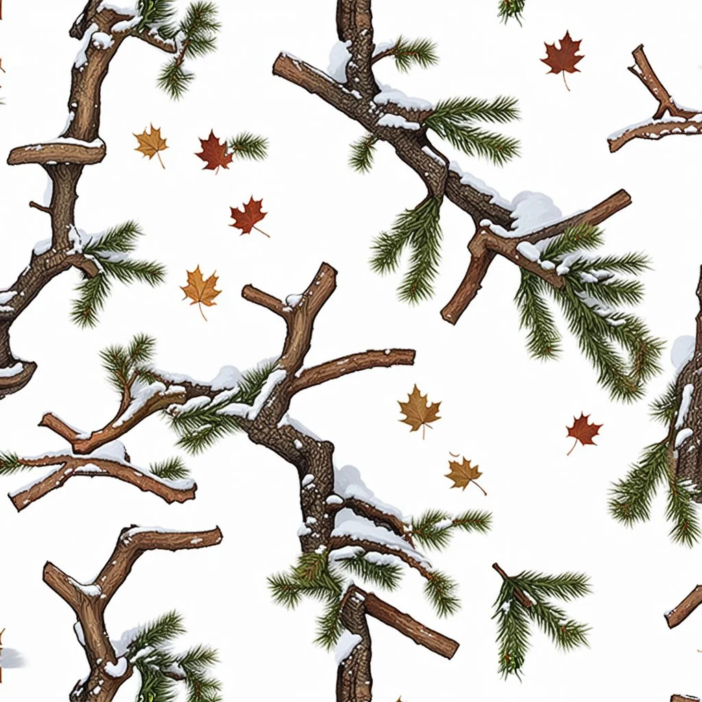 detailed Real Tree Camouflage made of bare branches, fir branches, dried maple leaves, snow and dirt, light drop shadows, white background, seamless repeatable texture camo pattern, muted color