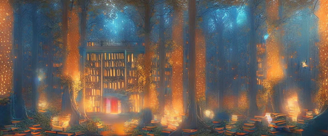 Realistic view a huge library in forest with fireflies and orange mystic lights around trees that have wide leaves and broad trunked