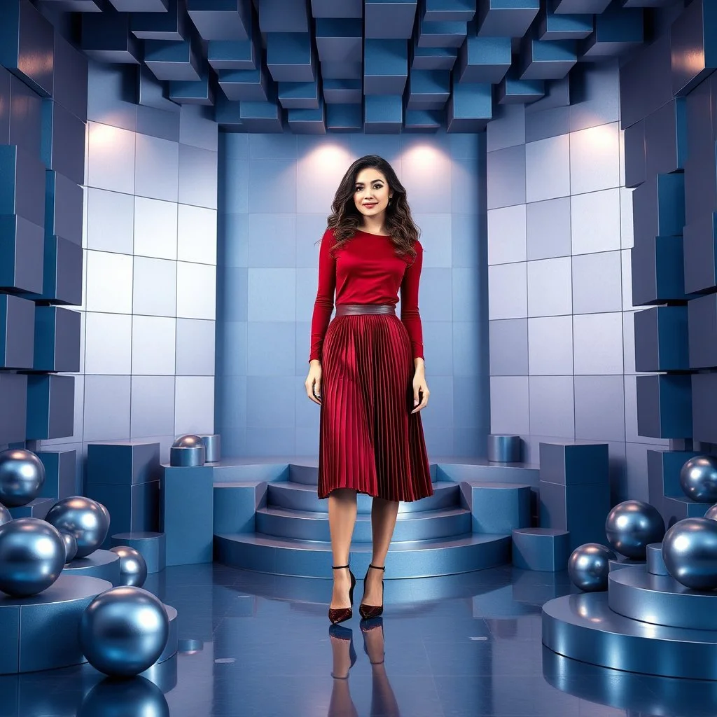 make a picture pretty stage made of metallic blue-gray teme 3d recursive cubic and sphere and cylinder base structures and a beautiful fashion model lady standing in scene with dark red top and pretty pleated midi skirt ,makeup curvy long hair,nice high heels,dynamic camera zoom to full body ,dynamic lights.