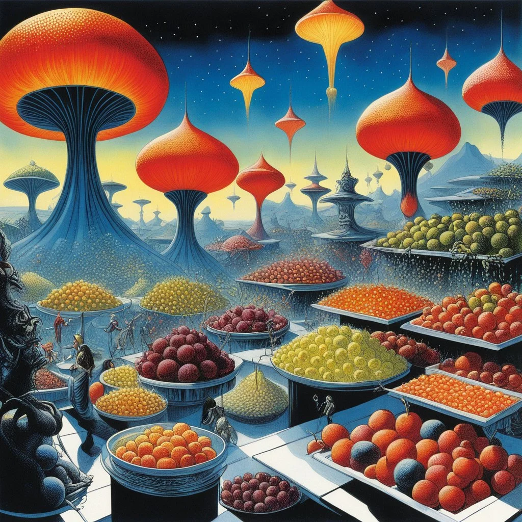 [illustration by Jean-Claude Mézières (1967)] Alien Markets, where the bustling stalls overflow with exotic goods and creatures from distant galaxies. Here, the air is filled with the scent of sizzling plasma fruits, a delicacy coveted by the tentacled Trilaxians. Vendors peddle shimmering energy crystals that pulse with unknown power, sought after by the mysterious beings of the Nebula Cluster. Tools crafted from the rarest metals mined from the asteroid belts are bartered for by the mechanical
