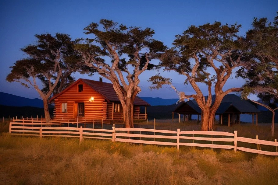 Dry trees, night, full moon, cabin, yard with flowers, fence, photo hd