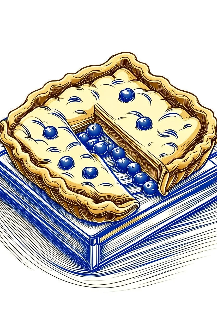 A hand-glazed ceramic baking dish filled with a blueberry pie, golden brown crust bubbling on the edges. A dollop of whipped cream rests on a slice beside the dish. Style: Vintage, Mood: Homey, Lighting: Warm oven light peeking out from the slightly open door, T-shirt design graphic, vector, contour, white background.