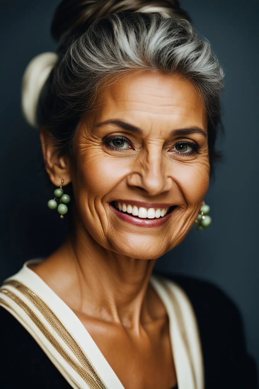 Portrait of a 60 year old Olive skinned woman with greying hair tied up in a bun, smiling