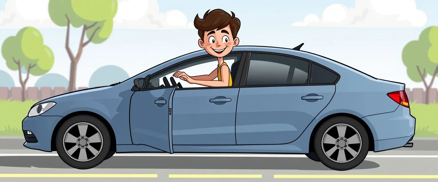 cartoon person stuck in a flat car