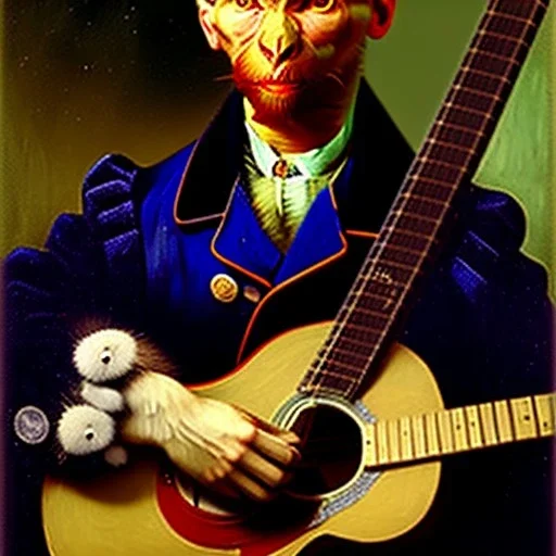 van gogh painting of a monkey playing a guitar, 6 strings, fingers