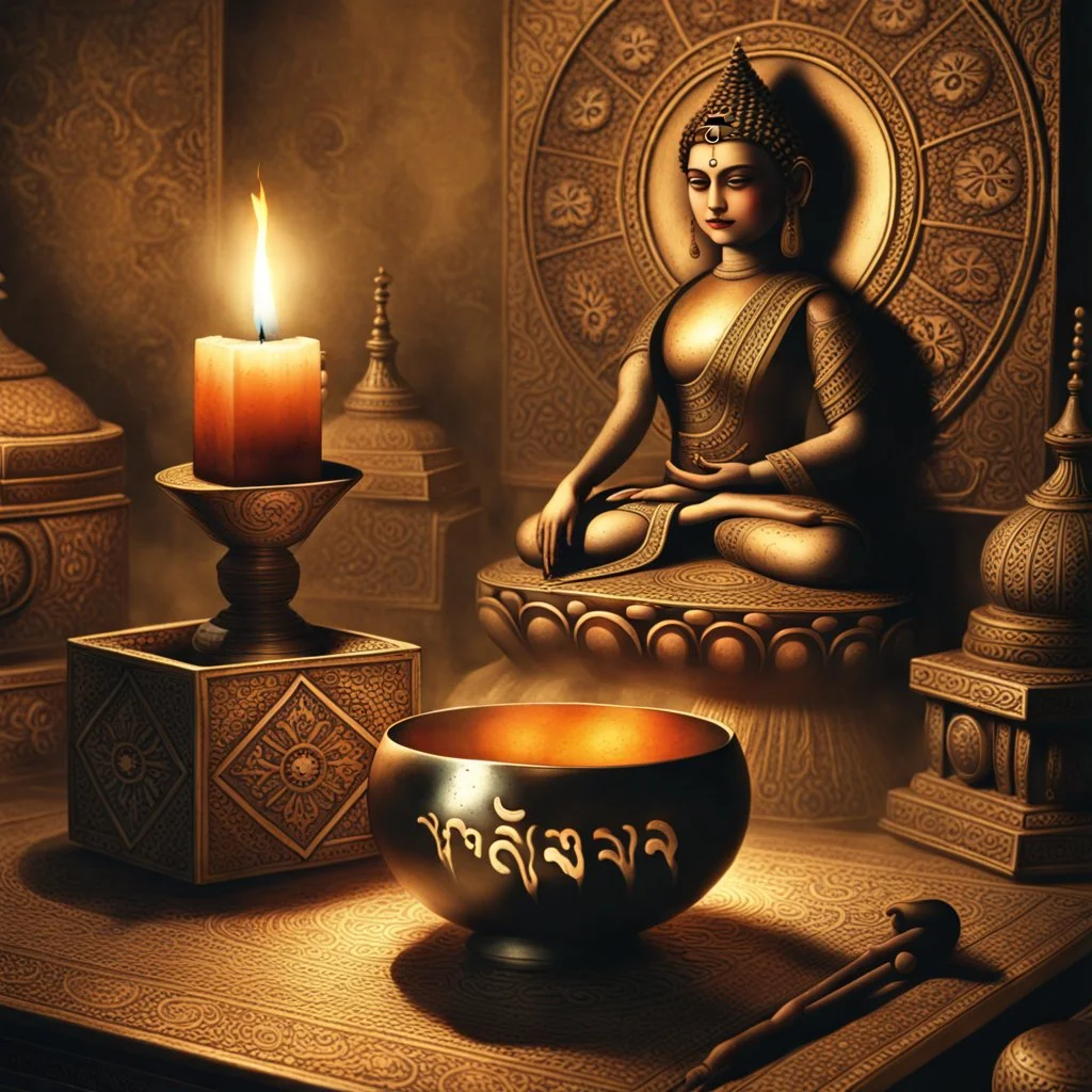 refine and improve this image, develop the intricacy of the patterns, make it more eerie and mystical. change the face of the meditating person to something quietly smirking looking like Mona Lisa and add multiple arms holding things like a hindu god.