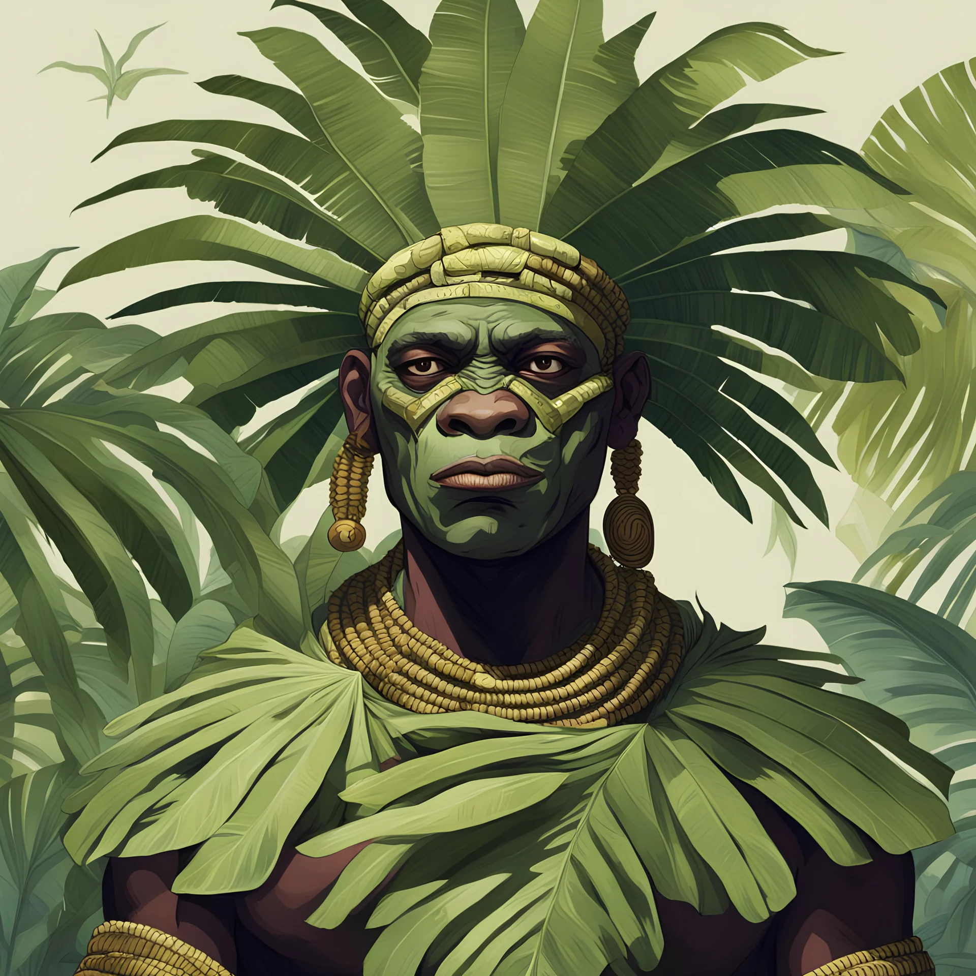 dnd, portrait of negroid in costume from banana leafs