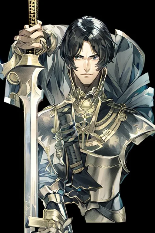 A handsome 30 year old knight, black hair, dark blue eyes, male bob haircut, in black-and-gold plate armor, golden katana in hands, no beard, european, portrait