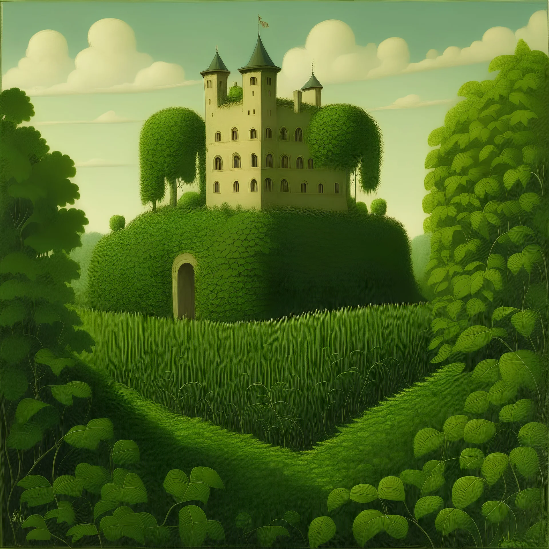 An olive color castle in a field covered in vines painted by Henri Rousseau