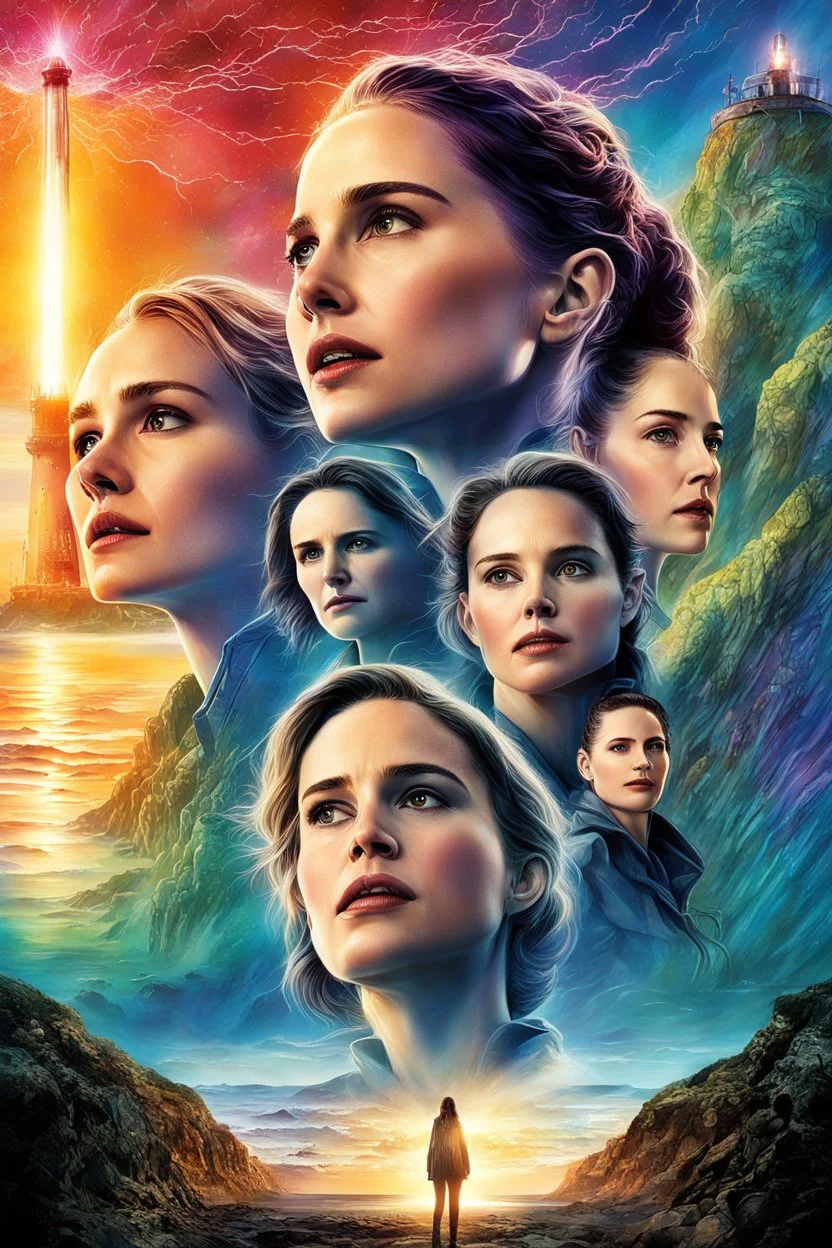 Movie poster art for "Annihilation" sci-fi starring Natalie Portman, woman scientists enter the "Shimmer" a mutating corruption of a lighthouse and coastline, modern movie poster design by Drew Struzan, double exposure effects by Dan Mountford, deep vibrant colors, matte oil painting, intricate complex detail.